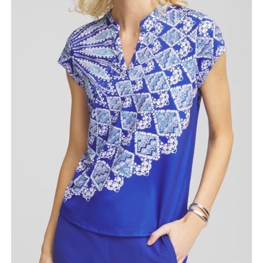 Zenergy by Chico's Shirt Size 1 Medium UPF Printed Polo Blue White Abstract